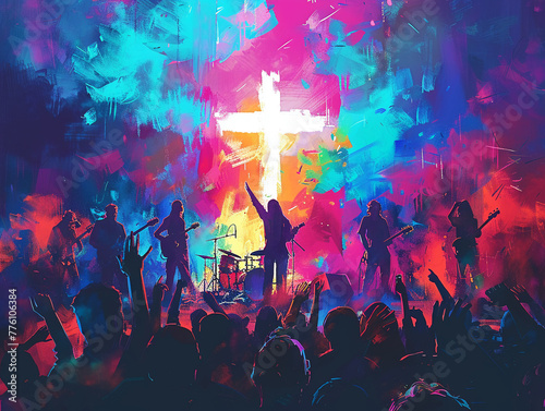 A vibrant illustration of a Christian music concert with a band on stage beneath a glowing cross