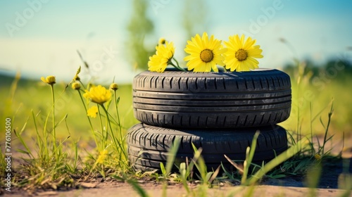 Summer tires in the blooming spring in the sun 