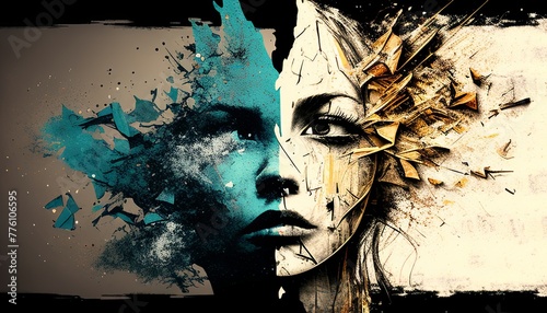 Abstract black and white image of a woman’s face capturing raw emotion and deep expression through bold lines and contrasting tones.. Generated AI.