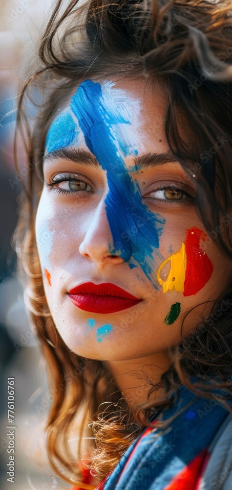 white woman with face painted the flag of France. in high resolution and high quality. aspect ratio 9:16 wallpaper white woman with face painted the flag of France. in high resolution and high quality. aspect ratio 9:16 wallpaper