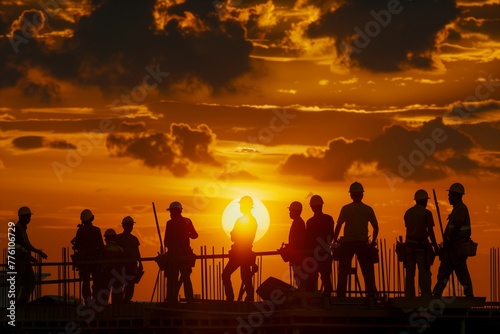 Captivating Ultra High Definition Image of a Golden Sunset Behind Silhouettes of Construction Workers  Paying Homage to Labour Achievements on International Labour