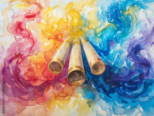 A watercolor artwork for Simchat Torah expressing the joy of the holiday through vibrant colors swirling around Torah scrolls photo