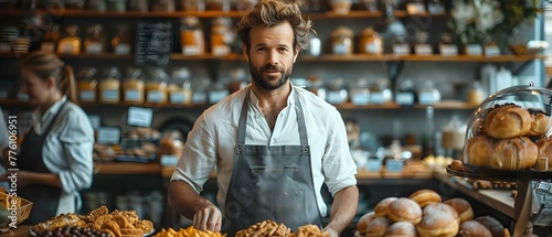 A man in a bakery apron prepares snacks while customers shop. Concept Food Preparation, Customer Service, Bakery Setting, Apron, Snacks