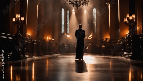 A lone figure stands in contemplation amidst the grandeur of a cathedral's aisle, lit by the soft glow of chandeliers