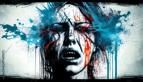 Abstract black and white image of a woman’s face capturing raw emotion and deep expression through bold lines and contrasting tones.. Generated AI.