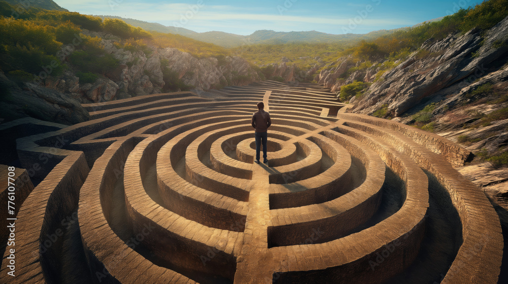 A lone man figures out his path standing at the heart of an intricate, sprawling labyrinth surrounded by natural landscape A lone man figures out his path standing at the heart of an intricate, sprawling labyrinth surrounded by natural landscape