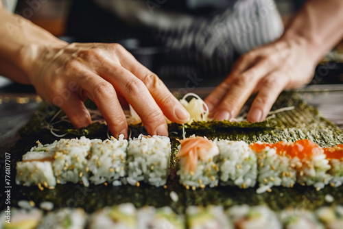 Close-up photograph of hands wrapping sushi rolls, with emphasis on the precision and freshness of the ingredients inside photo