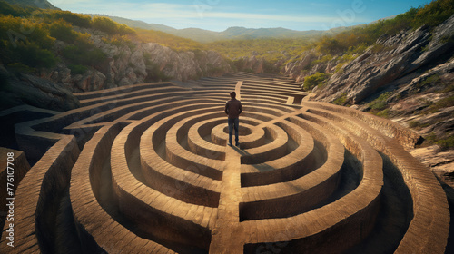 A lone man figures out his path standing at the heart of an intricate, sprawling labyrinth surrounded by natural landscape