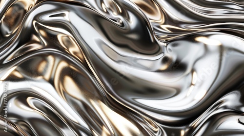 Fluid silver and gold shapes blend on a metallic abstract background