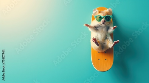 A small funny hamster in sunglasses lies on a skateboard in a relaxed state. Summer activities and laziness