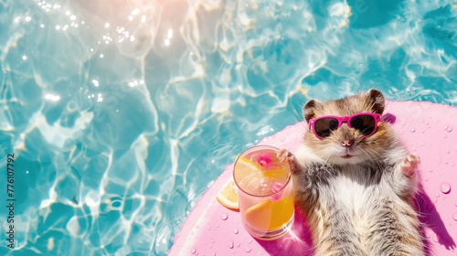 A hamster in sunglasses and with a glass of cold lemonade with ice and lies sunbathing on a swimming mattress in the pool. Summer holidays, beach holiday, vacation, relaxation