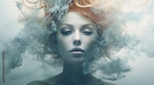 Mysterious woman in smoke or fog with beautiful hair portrait monochrome style, blue color