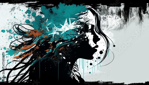Abstract black and white image of a woman’s face capturing raw emotion and deep expression through bold lines and contrasting tones.. Generated AI.