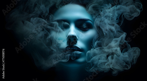 Mysterious woman in smoke or fog with beautiful hair portrait monochrome style  blue color