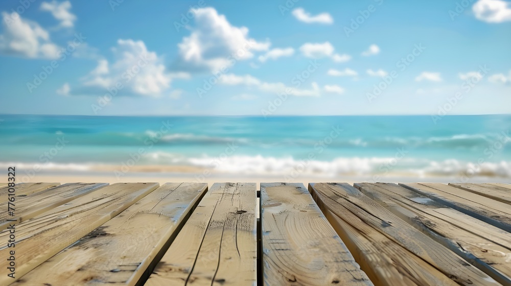 Fototapeta premium The blur cool sea background with wood floor foreground on horizon tropical sandy beach; relaxing outdoors vacation with heavenly mind view at a resort deck touching sunshine, sky surf summer clouds.