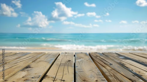 The blur cool sea background with wood floor foreground on horizon tropical sandy beach  relaxing outdoors vacation with heavenly mind view at a resort deck touching sunshine  sky surf summer clouds.