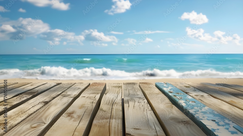 The blur cool sea background with wood floor foreground on horizon tropical sandy beach; relaxing outdoors vacation with heavenly mind view at a resort deck touching sunshine, sky surf summer clouds.