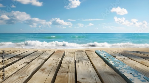 The blur cool sea background with wood floor foreground on horizon tropical sandy beach  relaxing outdoors vacation with heavenly mind view at a resort deck touching sunshine  sky surf summer clouds.