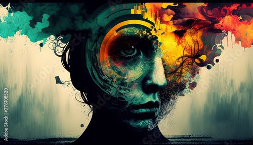 Abstract black and white image of a woman’s face capturing raw emotion and deep expression through bold lines and contrasting tones.. Generated AI.