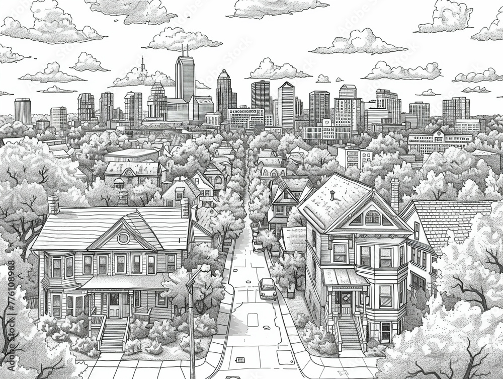 coloring pages for adults aerial axonometric view of neighborhoods in Columbus Ohio with city skyline and Scioto Mile in the background with bike paths