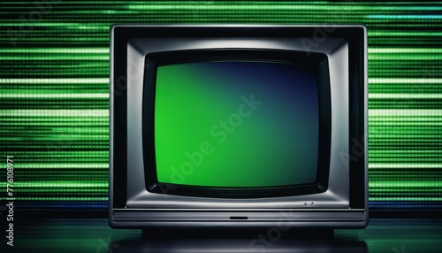A vintage television set with a glowing green screen, ready for custom content, set against a background of green binary code. photo