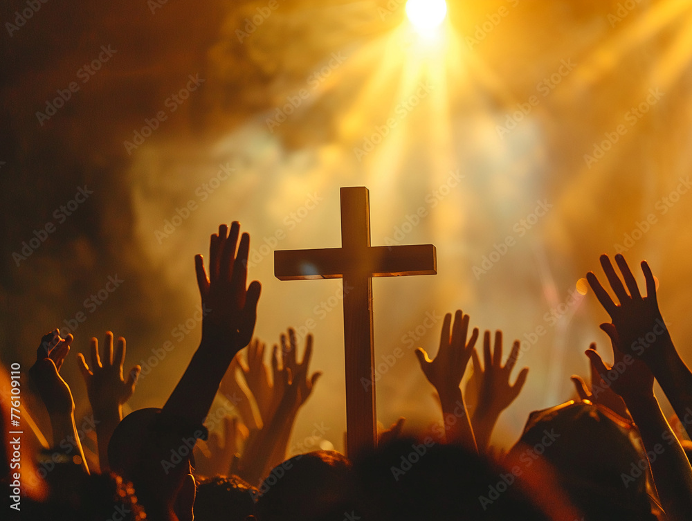 concert Christian  music with cross on stage live crowd raised hands gig audience act worshipful backlight band celebration cheering club dancing entertainment event festival - obrazy, fototapety, plakaty 