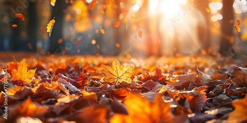 Crisp autumn leaves carpet, sun filtering through trees, serene fall banner © Thanthara