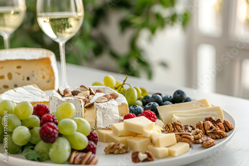 Cheese plate with snacks. Different sorts of cheese slices, nuts, grapes, berries
