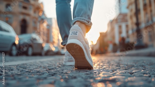 A person is walking down a city street with a white shoe on