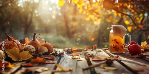 Rustic wooden table with hot cider, cozy autumn mood for frame 
