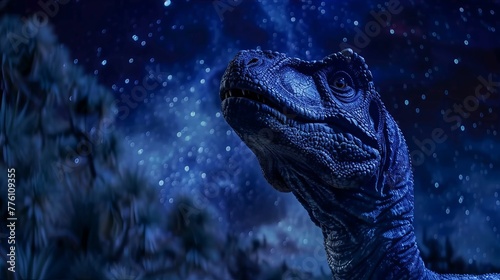A dinosaur with a blue face is looking up at the sky