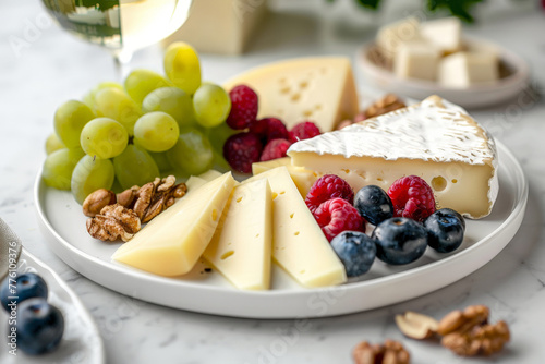 Cheese board with snacks. Different sorts of cheese slices, nuts, grapes, berries