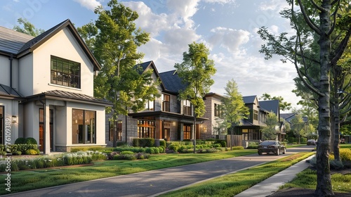A row of houses with a car parked on the street