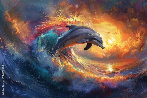 Majestic dolphin arching through rainbowhued splashes, under a golden sunset, embodying freedom and beauty © Samita