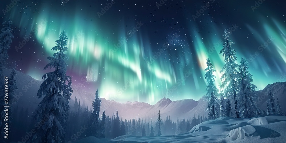 Northern lights over snow-covered forest, mystical night sky for banner 