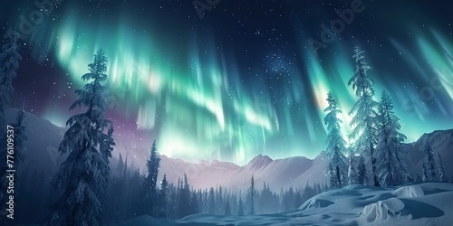 Northern lights over snow-covered forest, mystical night sky for banner 