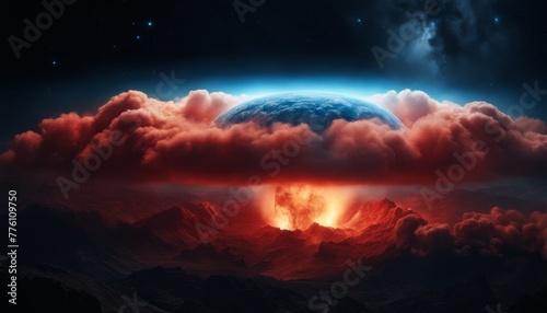 An apocalyptic vision with vibrant blue energy shield enveloping a mountain range under a dramatic red sky, suggestive of a sci-fi defense scenario photo