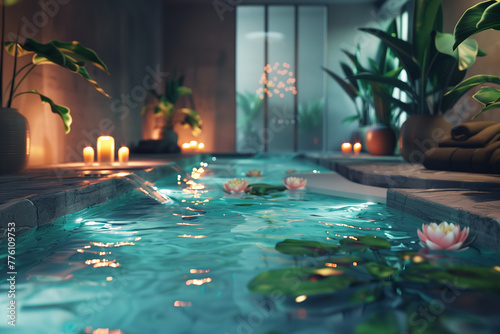 Spa swimming pool with sunrise and flowers, spa setting outdoor,spa relax concept, Generative AI © ftlupuper