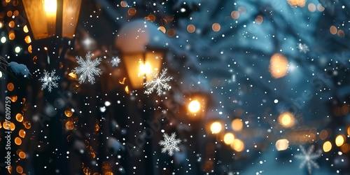 Snowflakes falling, street lights at night, enchanting snowfall theme for frame 