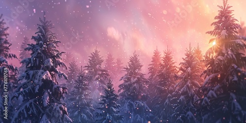 Snow-covered pine trees, soft twilight, magical Christmas banner background © Thanthara