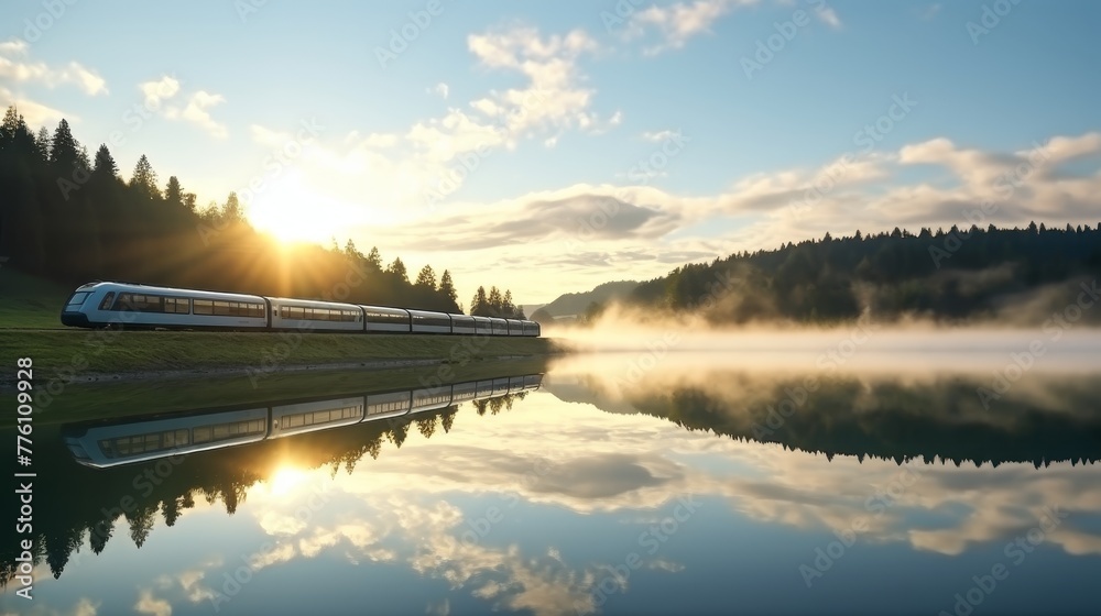 The train passes on a beautiful lake - obrazy, fototapety, plakaty 