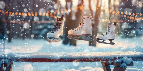 Ice skates hanging, snowy bench background, nostalgic Christmas frame theme
