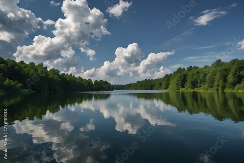 Clouds with a Tree Landscape Reflected in a Lake A calm lake surrounded by trees on one side and a blue sky with clouds overhead and reflecting in the water on the other