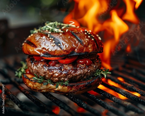 Burger on a grill flames licking the edges