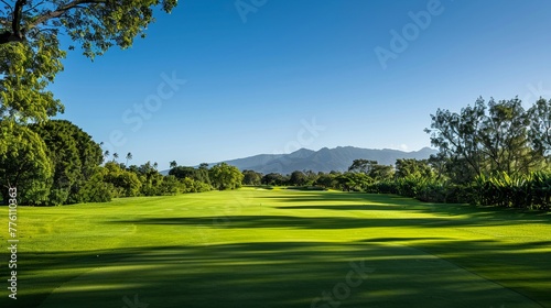 A wide shot of the golf course with lush green grass, surrounded by trees and distant mountains under a clear blue sky The scene captures an inviting atmosphere perfect for advertising or promotional