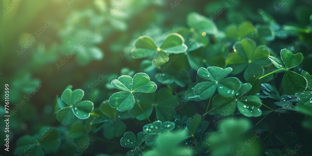Four-leaf clovers, macro shot, luck theme, perfect for holiday banner