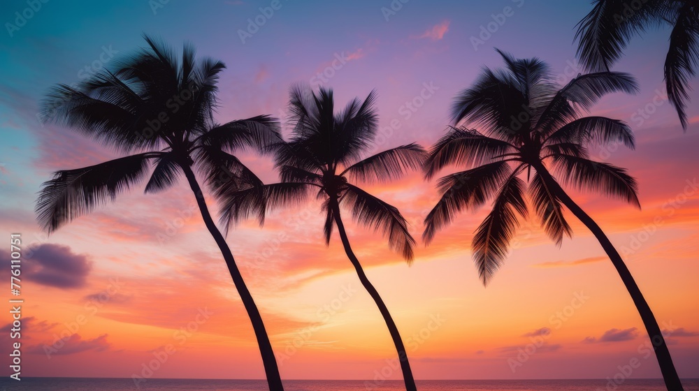 Tropical Sunrise - Palm Silhouettes and Serene Ocean 