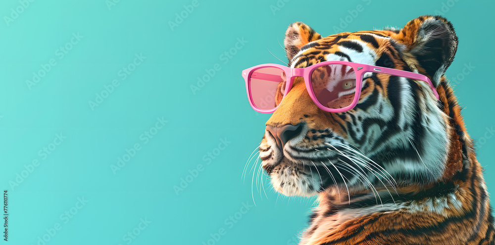 Tiger with pink glasses on blue background, copy space for text Tiger with pink glasses on blue background, copy space for text