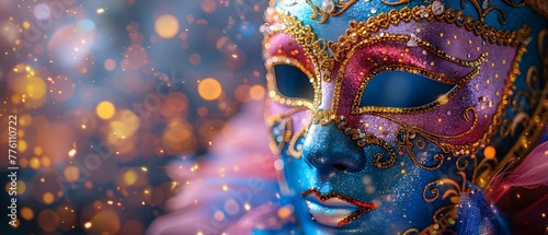 Vibrant Mardi Gras carnival mask set against a festive backdrop capturing the colorful essence of the celebration. Concept Mardi Gras, Carnival Masks, Festive Backdrop, Colorful Essence, Celebration © Anastasiia