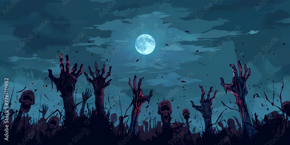 Obraz premium Zombie hands rising from ground, moonlight, horror theme for banner 